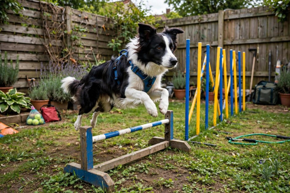 Dog jumping over a small agility hurdle in a backyard training corner with weave poles nearby