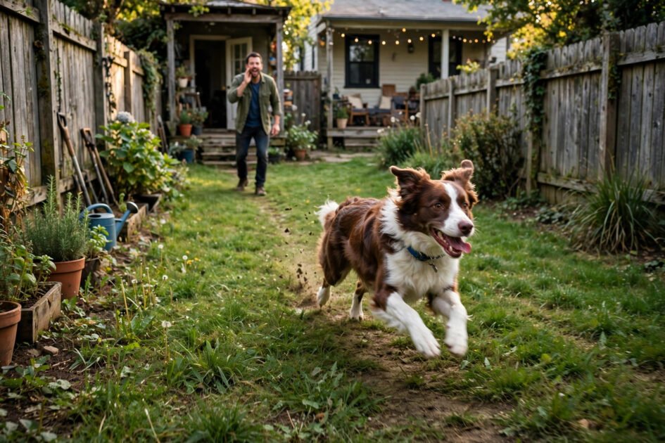 Owner calling a dog sprinting full speed down a long grassy recall lane in a fenced backyard
