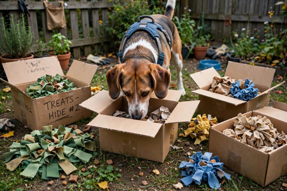 Dog sniffing for hidden treats among boxes and snuffle toys in a backyard scent work zone