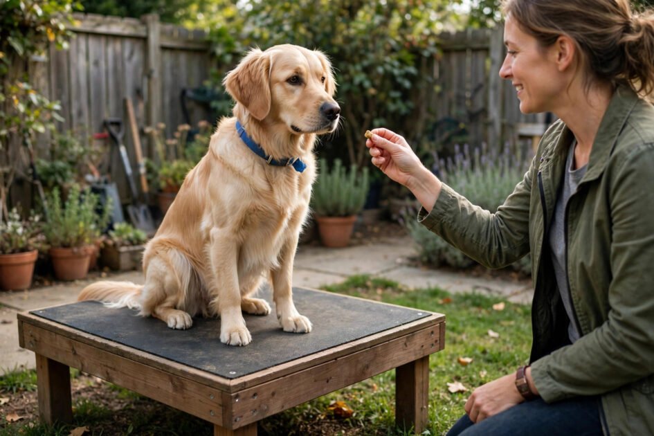Dog calmly sitting on a raised training platform in a backyard while the owner offers a treat reward