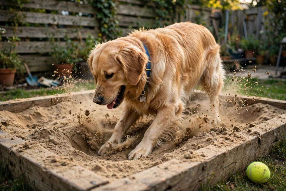 Happy dog digging in a designated sandbox dig pit in a backyard with a ball nearby