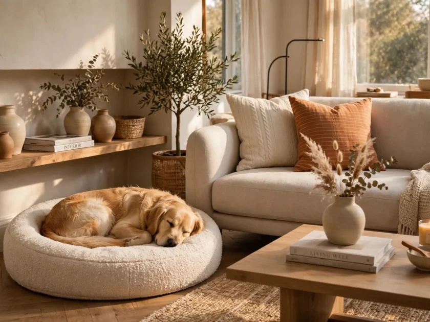 Stylish dog beds in a modern living room