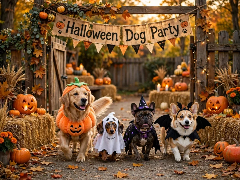 Dogs in Halloween costumes arriving at a party