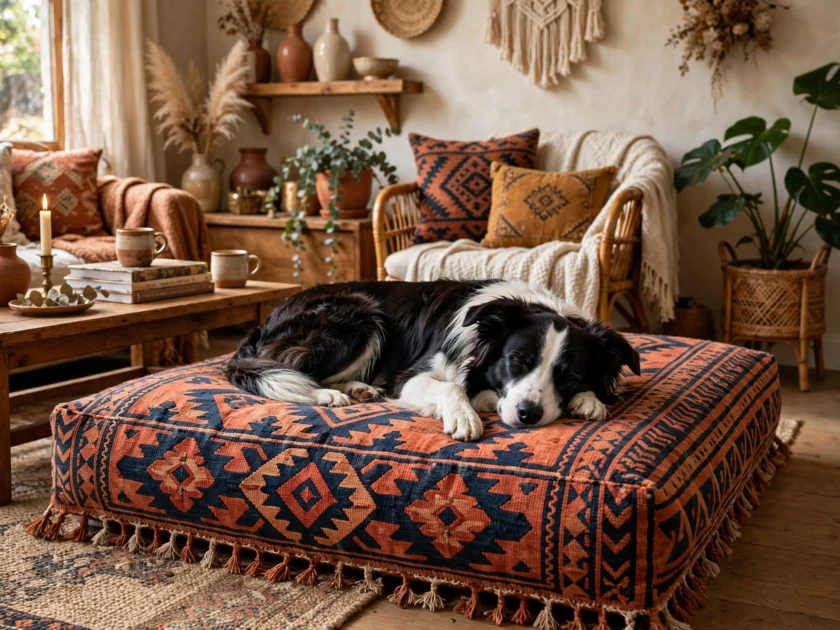 Patterned kilim-style bed