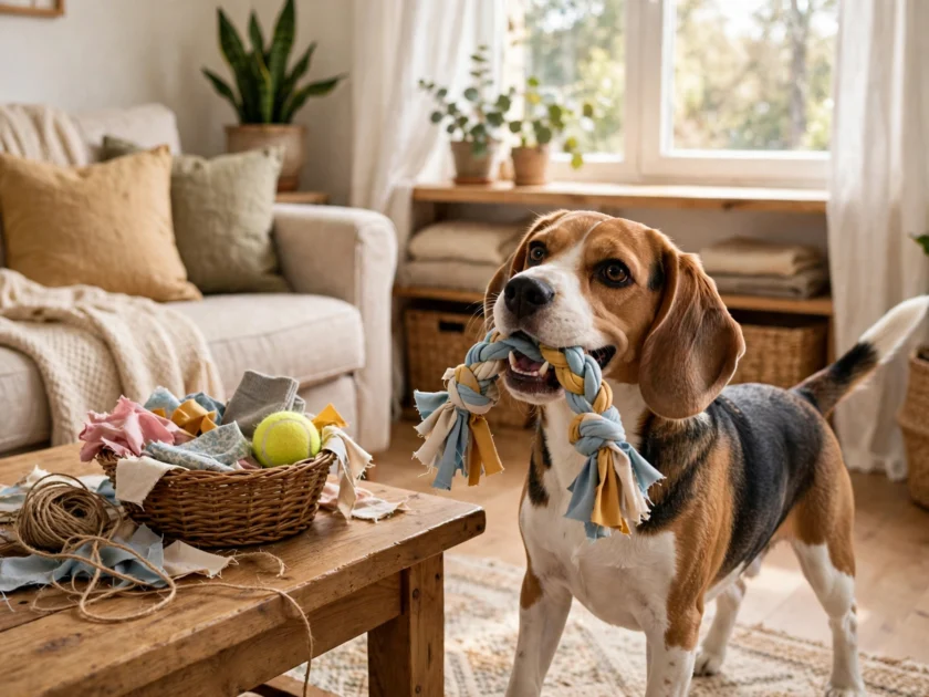 Dog playing with homemade DIY toys
