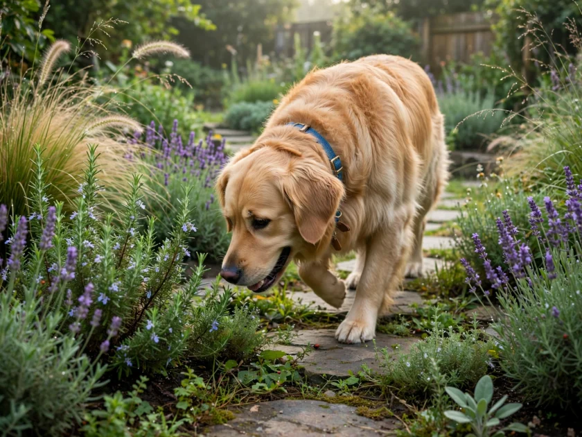 Dog Exploring a Sensory Garden