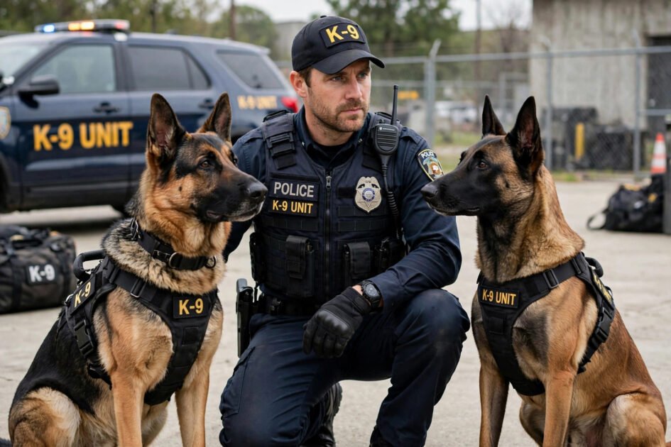 K-9 unit team with handler, German shepherd and Belgian malinois dogs