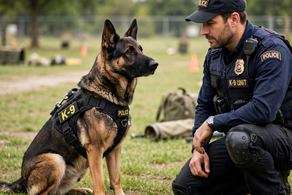K-9 dog practicing obedience, sitting attentively beside its handler