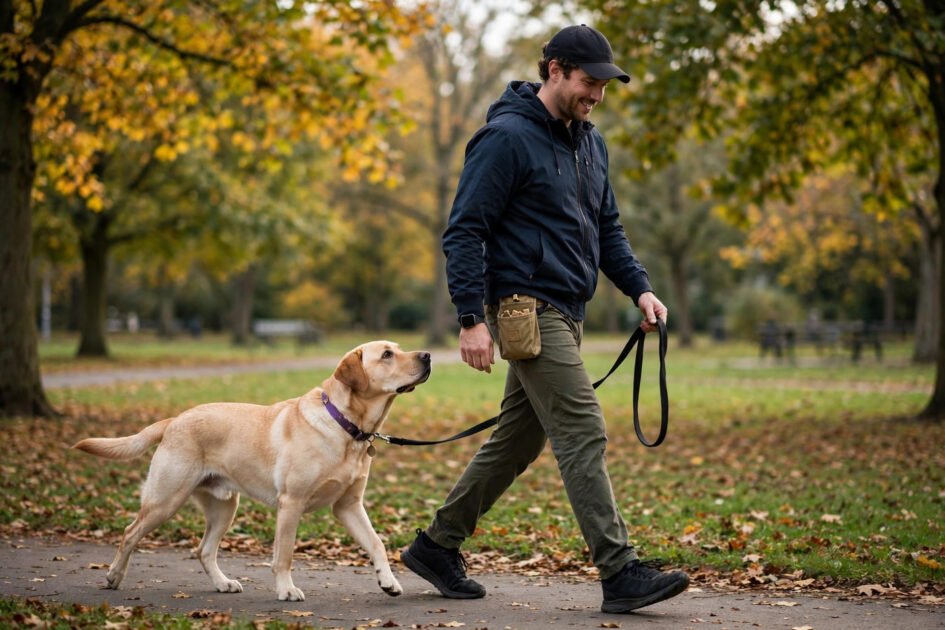 Pet dog owner practicing K-9 style heelwork with a labrador in a park