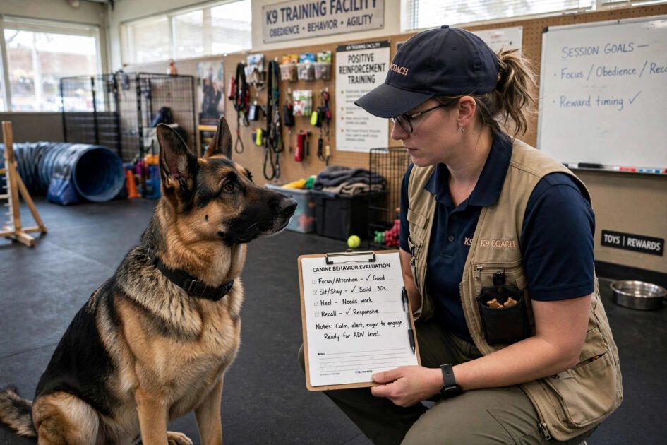 Professional dog trainer evaluating a German shepherd in a training facility