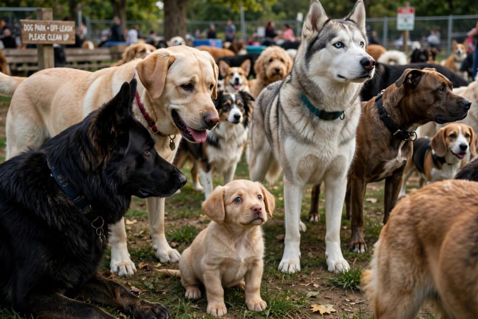 Tiny unvaccinated puppy looking vulnerable among large adult dogs at a crowded dog park