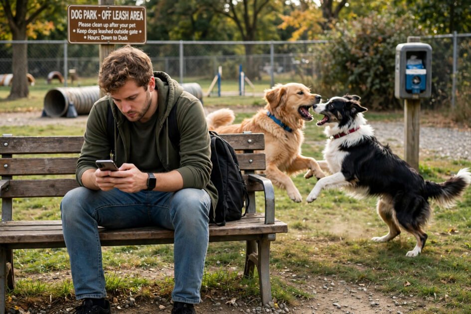 Distracted dog owner looking at phone while dogs play unsupervised at a dog park