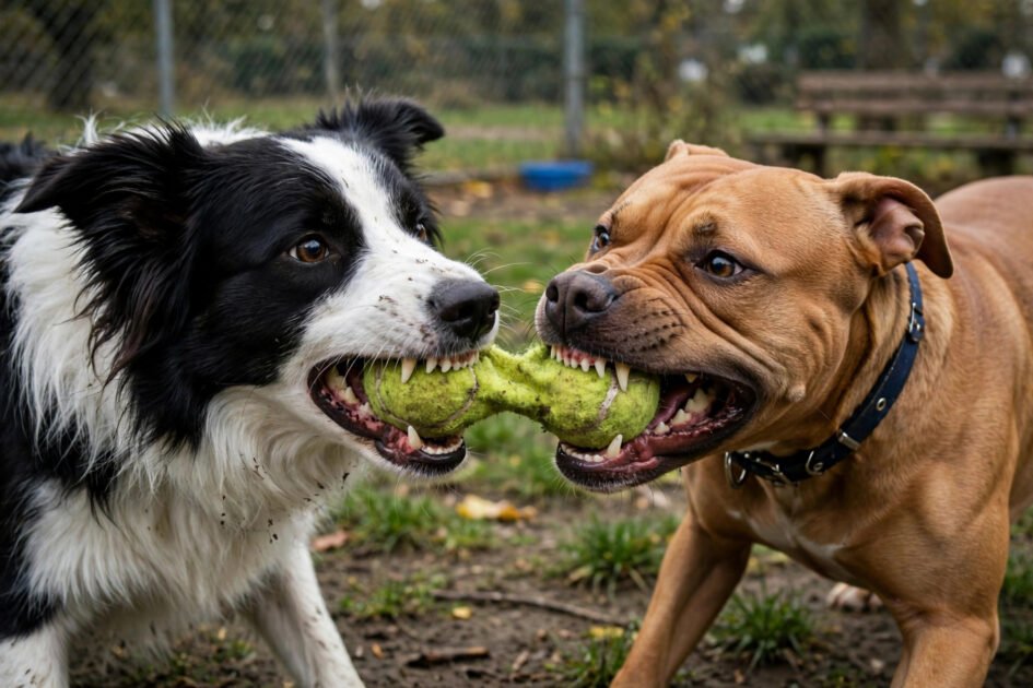 Two dogs tensely fighting over the same tennis ball at a dog park