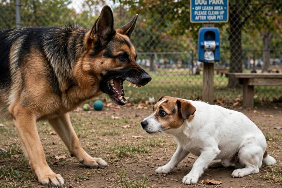 Large dog growling with bared teeth at a frightened smaller dog at a dog park