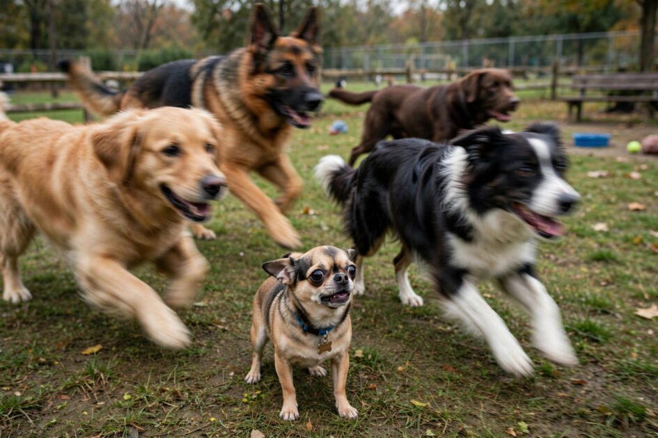 Tiny chihuahua looking overwhelmed among large running dogs at a dog park