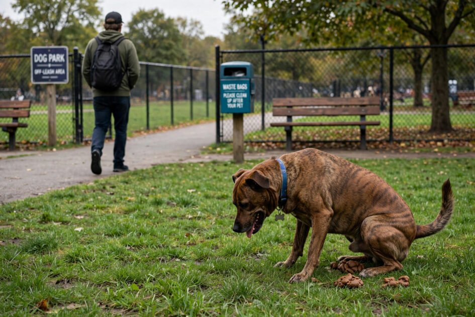 Dog owner walking away without picking up dog poop on dog park grass