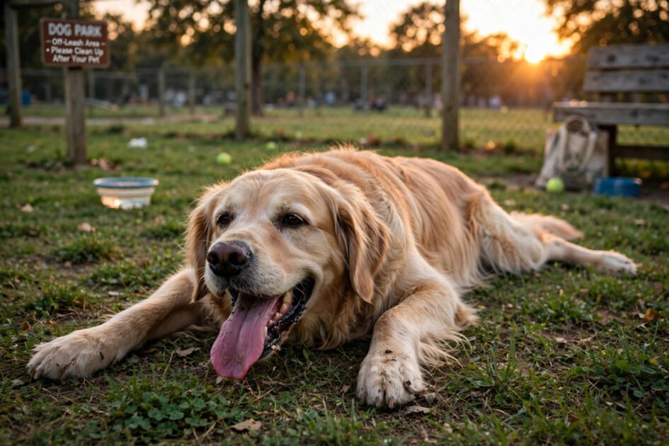 Exhausted dog lying on grass panting heavily after too long at the dog park