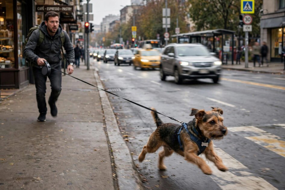 Small dog on a long thin retractable leash running far ahead of its owner near a busy road