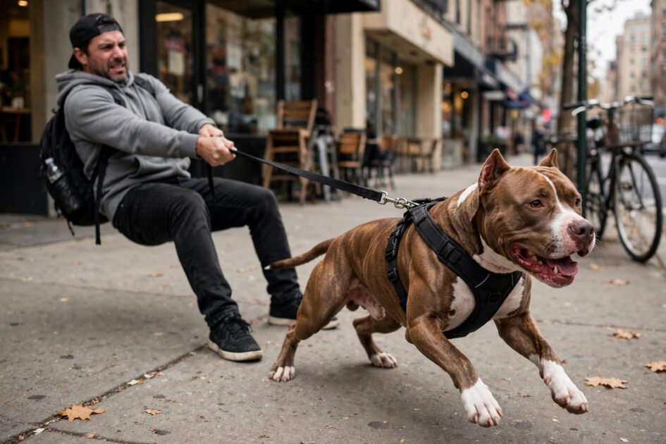 Strong dog pulling hard on its leash while the owner leans back struggling on a sidewalk