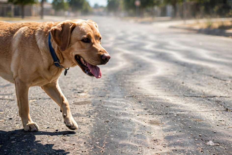 Dog walking on hot asphalt in harsh midday summer sun with heat shimmer rising