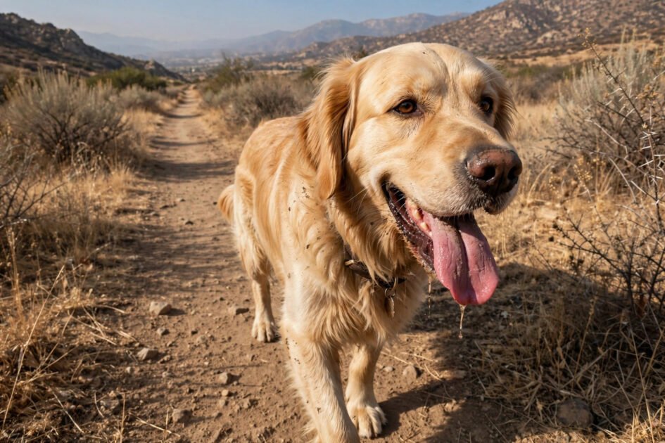 Panting thirsty dog with tongue hanging out on a long trail walk with no water in sight