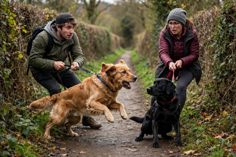 Excited dog lunging toward another leashed dog on a narrow path while owners struggle to hold them back