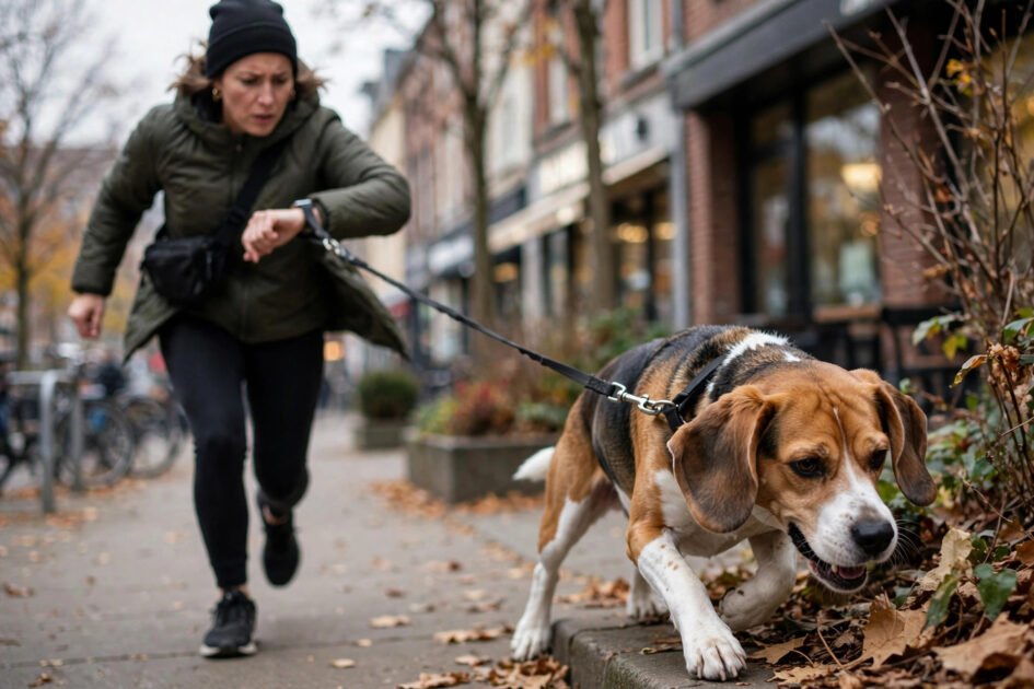 Frustrated dog straining at a short leash toward an interesting scent while its owner hurries forward checking a watch
