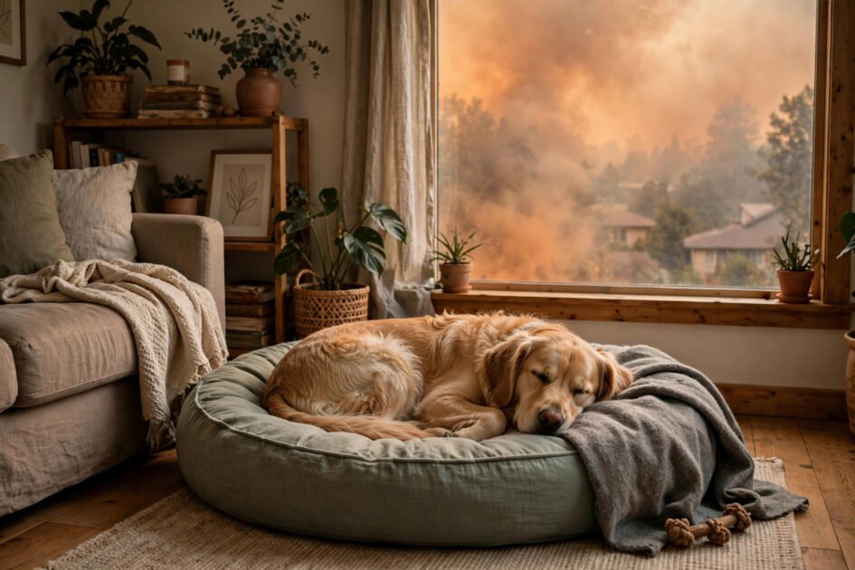 Cozy dog resting on a dog bed inside a living room while smoky orange haze is visible outside the window