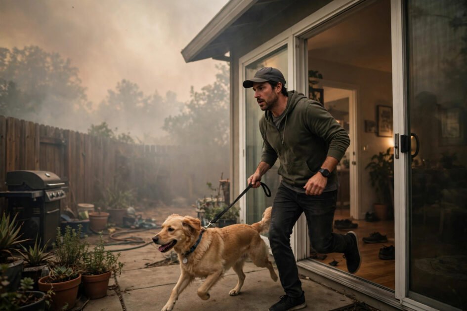 Owner quickly taking a leashed dog out in a backyard under a smoky hazy sky