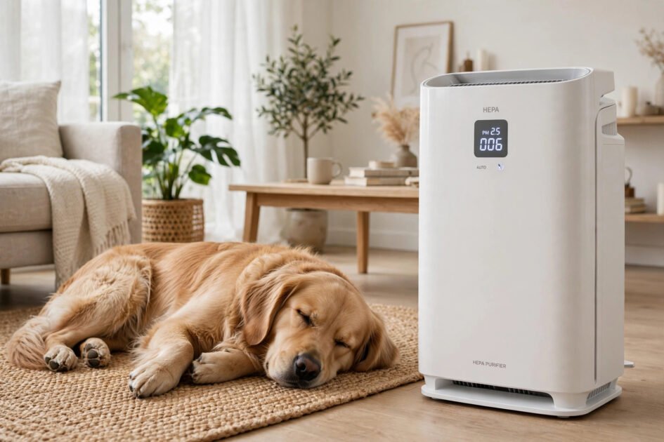 Dog sleeping peacefully next to a modern HEPA air purifier in a bright living room