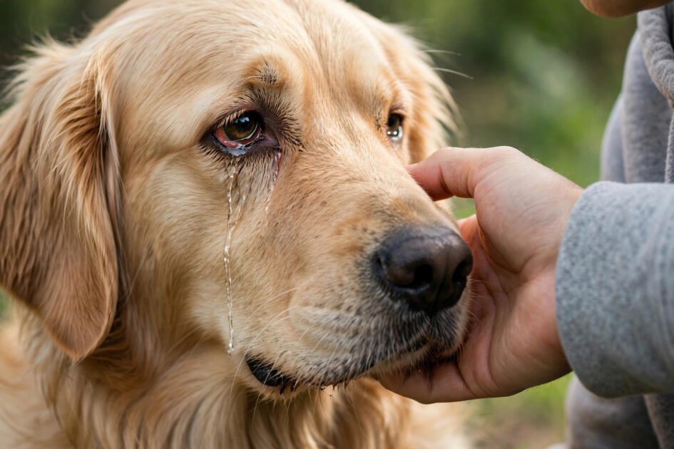 Close-up of a dog with watery eyes and tired expression while its owner gently checks its face