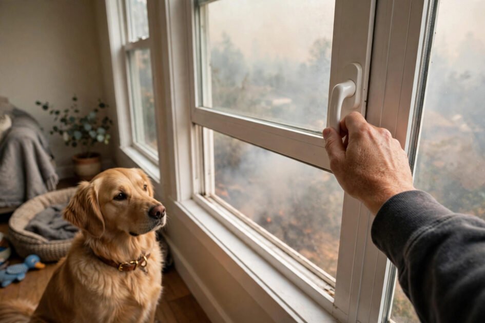 Hand closing a house window with smoky haze outside and a dog sitting nearby indoors
