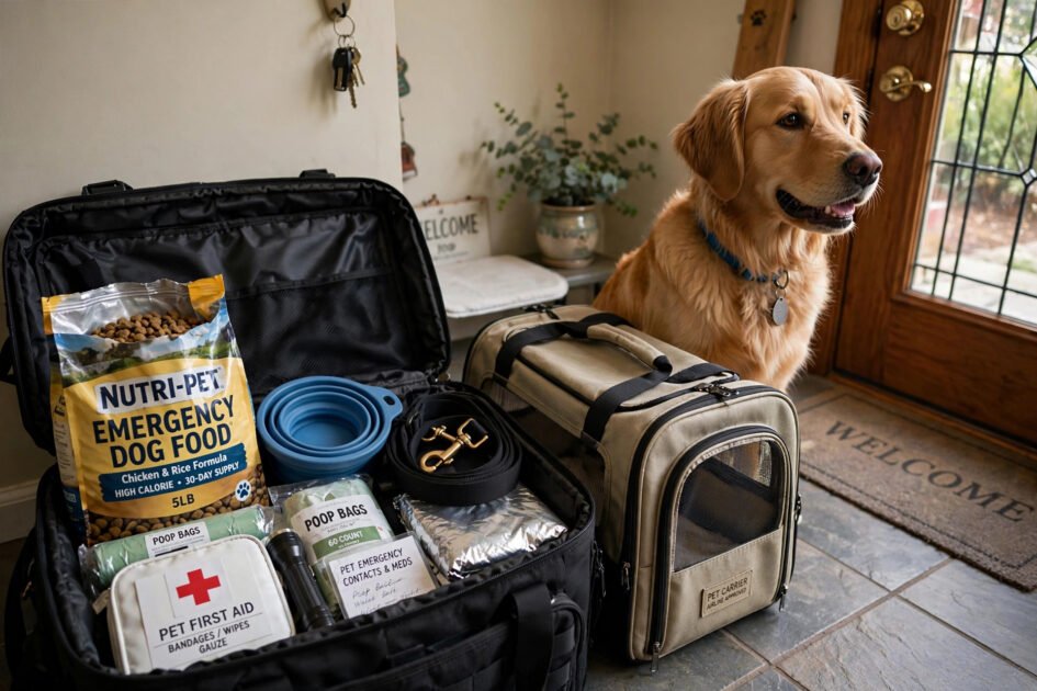 Packed pet emergency go-bag with dog food, water bowl, leash and carrier next to a dog by a front door