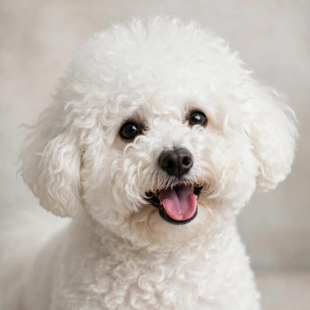Cheerful bichon frise with fluffy white curly coat, a hypoallergenic dog breed