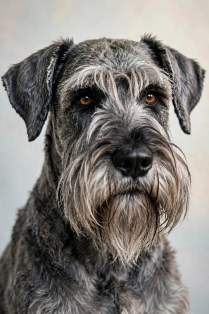 Giant schnauzer with salt-and-pepper wiry coat and bearded face, a hypoallergenic dog breed