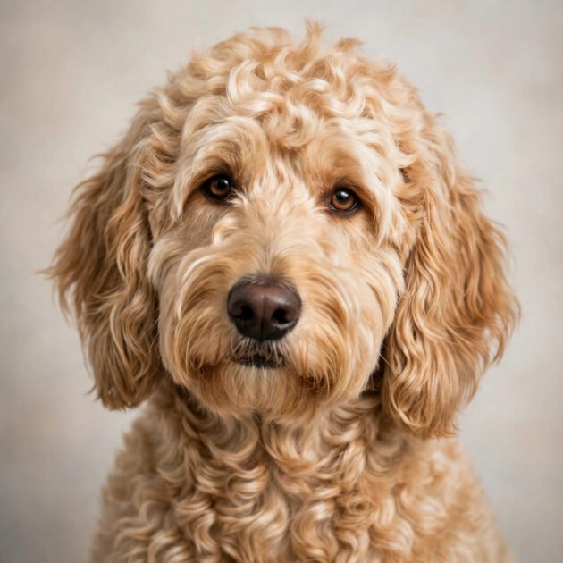 Goldendoodle with fluffy golden wavy coat, a hypoallergenic dog breed