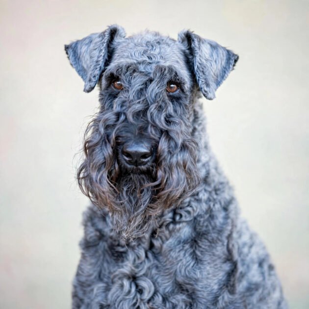 Kerry blue terrier with blue-gray wavy coat, a hypoallergenic dog breed