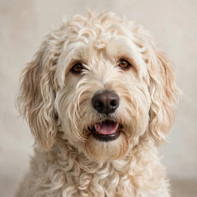 Friendly labradoodle with shaggy wavy cream coat, a hypoallergenic dog breed