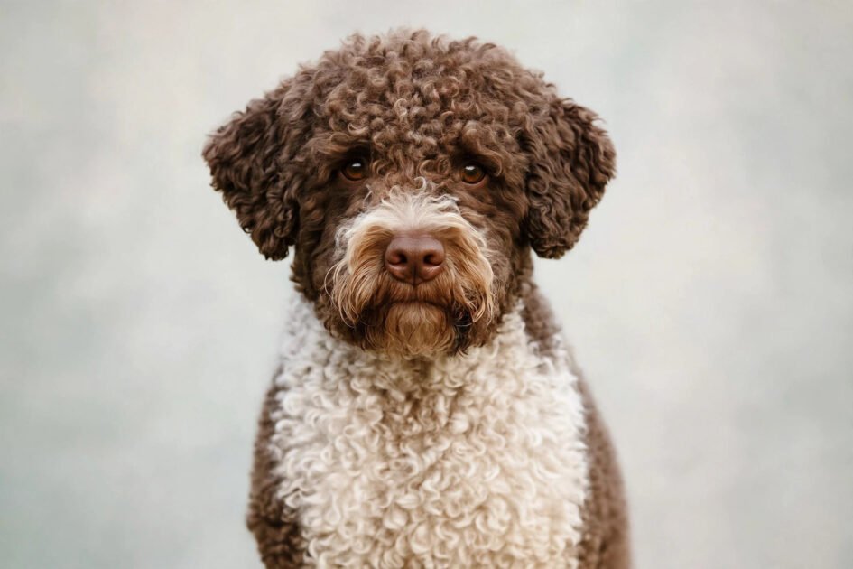 Lagotto romagnolo with dense curly brown and white coat, a hypoallergenic dog breed