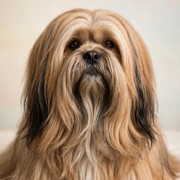 Dignified lhasa apso with long dense flowing coat, a hypoallergenic dog breed