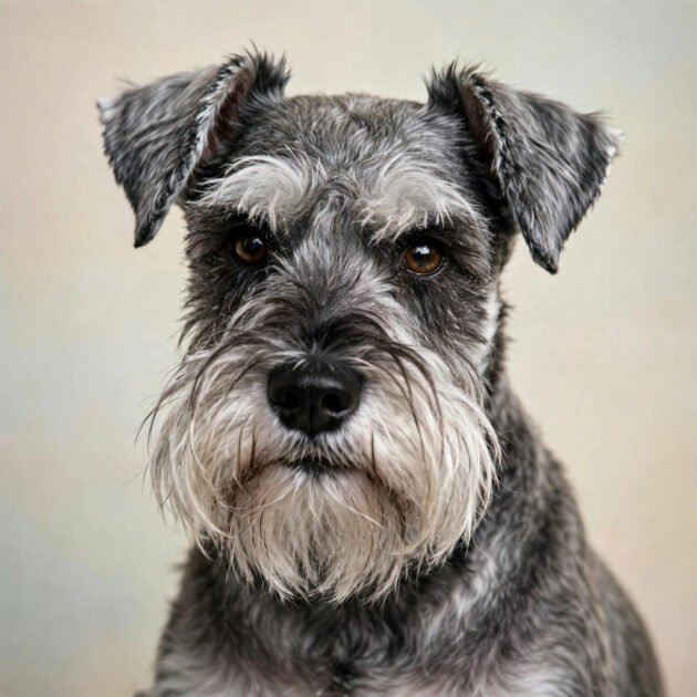Miniature schnauzer with salt-and-pepper wiry coat and bearded face, a hypoallergenic dog breed
