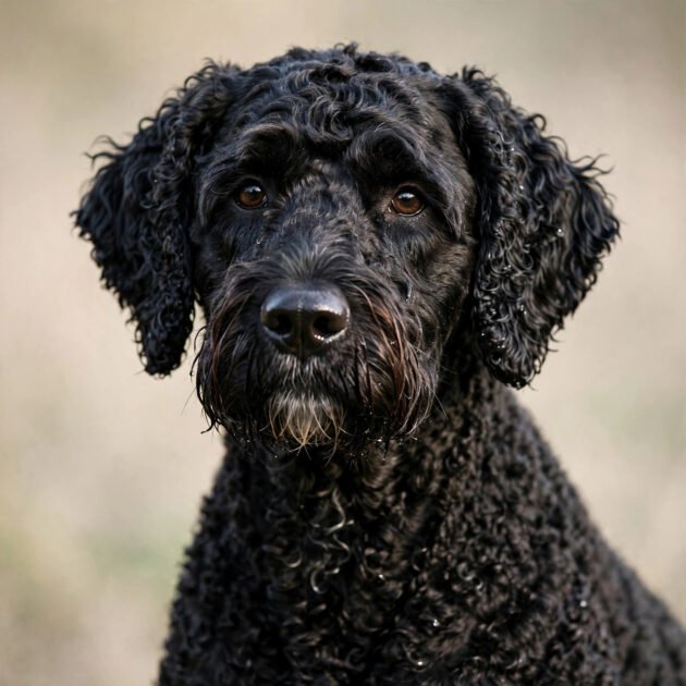 Athletic portuguese water dog with curly black waterproof coat, a hypoallergenic dog breed