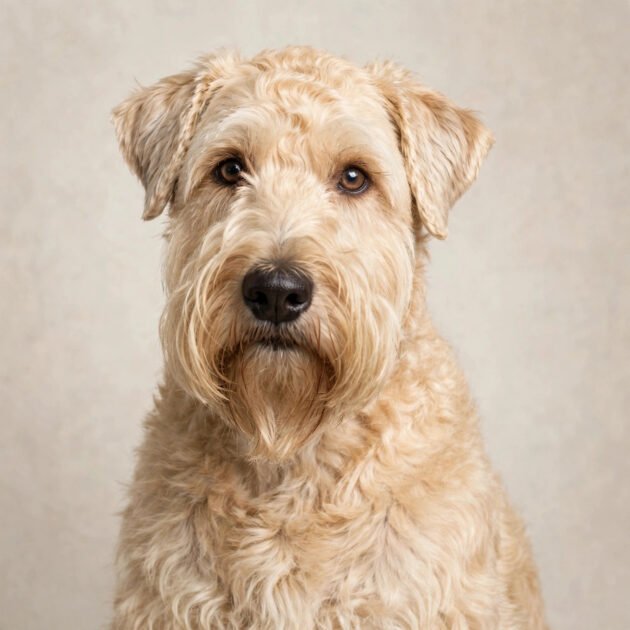 Soft coated wheaten terrier with soft wheaten-colored wavy coat, a hypoallergenic dog breed