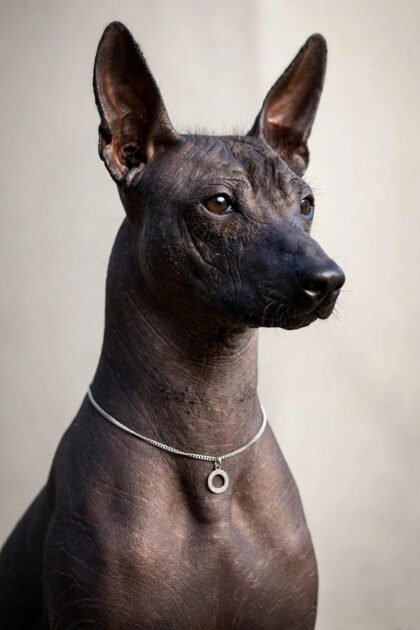 Xoloitzcuintli mexican hairless dog with smooth dark skin, a hypoallergenic dog breed