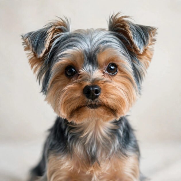 Tiny yorkshire terrier with silky tan and steel-blue coat, a hypoallergenic dog breed