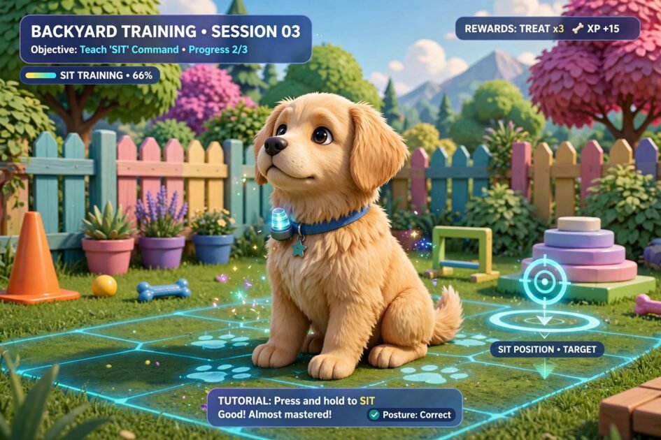Stylized 3D video game dog learning to sit in a colorful virtual backyard training area