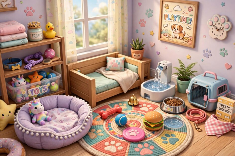 Cute 3D video game style dog beds, toys, and accessories arranged in a colorful virtual pet room