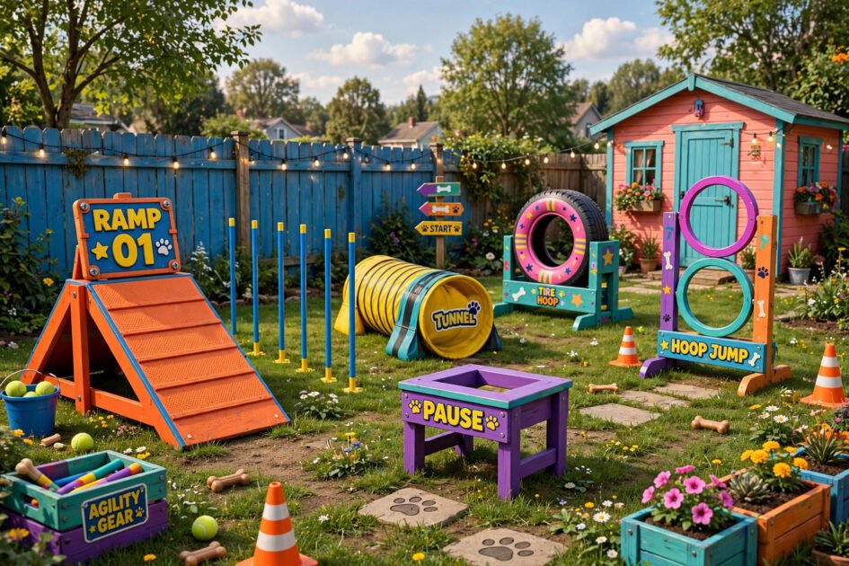 Colorful 3D video game style backyard with a dog agility course, ramps, and hoops