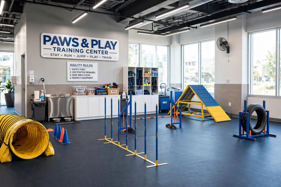 Bright modern indoor dog training facility with agility equipment and clean floors