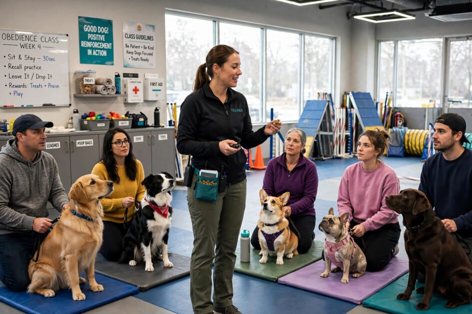 Group dog obedience in session inside a bright indoor training gym